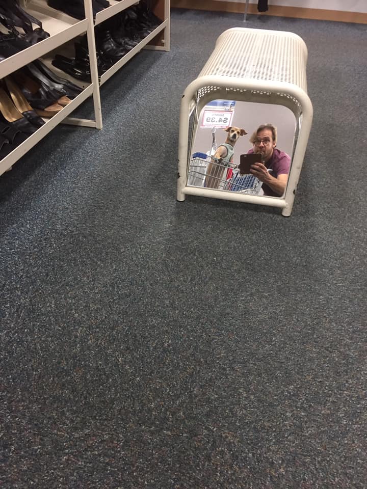 man and dog reflected in mirror