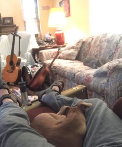 man napping with dog and guitars